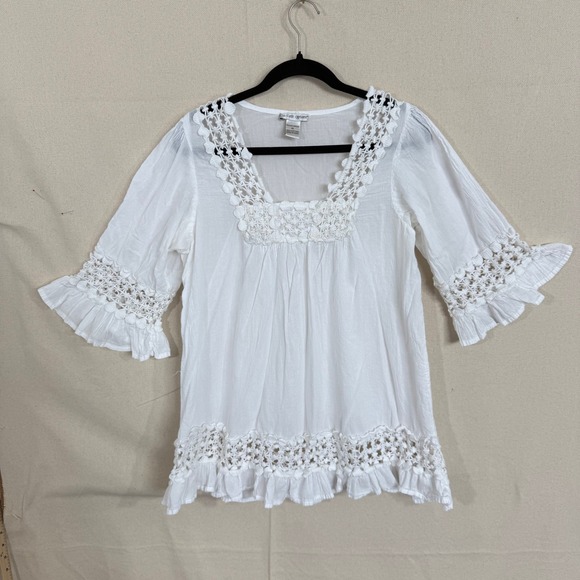 cute options Tops - Cute Options White Cotton Crochet Lace Peasant Blouse XL Ruffle Boho Top